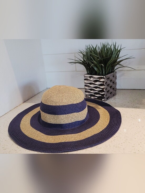 Accessories - Beach Ready Navy & Tan Wide Brim Straw Sun Hat